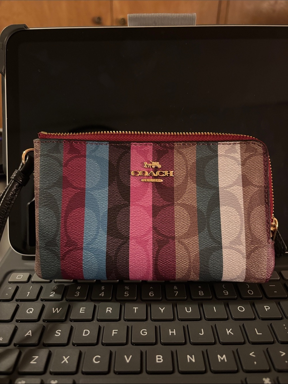 Coach Multicolor Striped Signature Wristlet - Pink, Blue, Brown, Burgundy